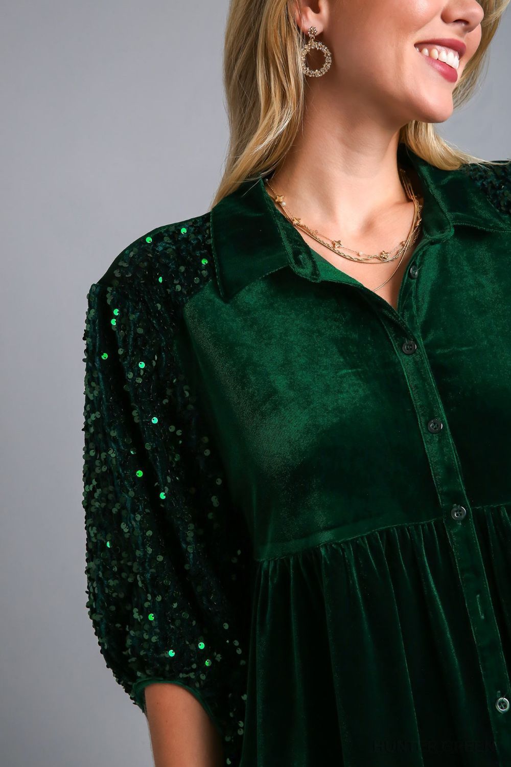 Umgee Sequin Detail Tiered Back Half Sleeve Shirt